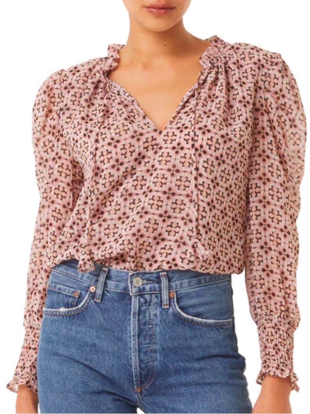 NEW! MISA Los Angeles Pink Floral Ruffle Tie Neck Blouse – XXS